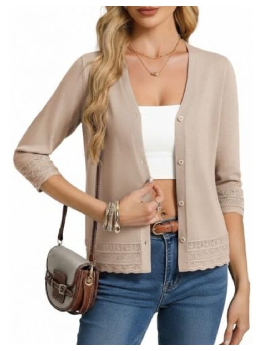 Women's 3/4 Sleeve Knit Cardigan Sweater Button Down Crochet Lightweight Dressy
